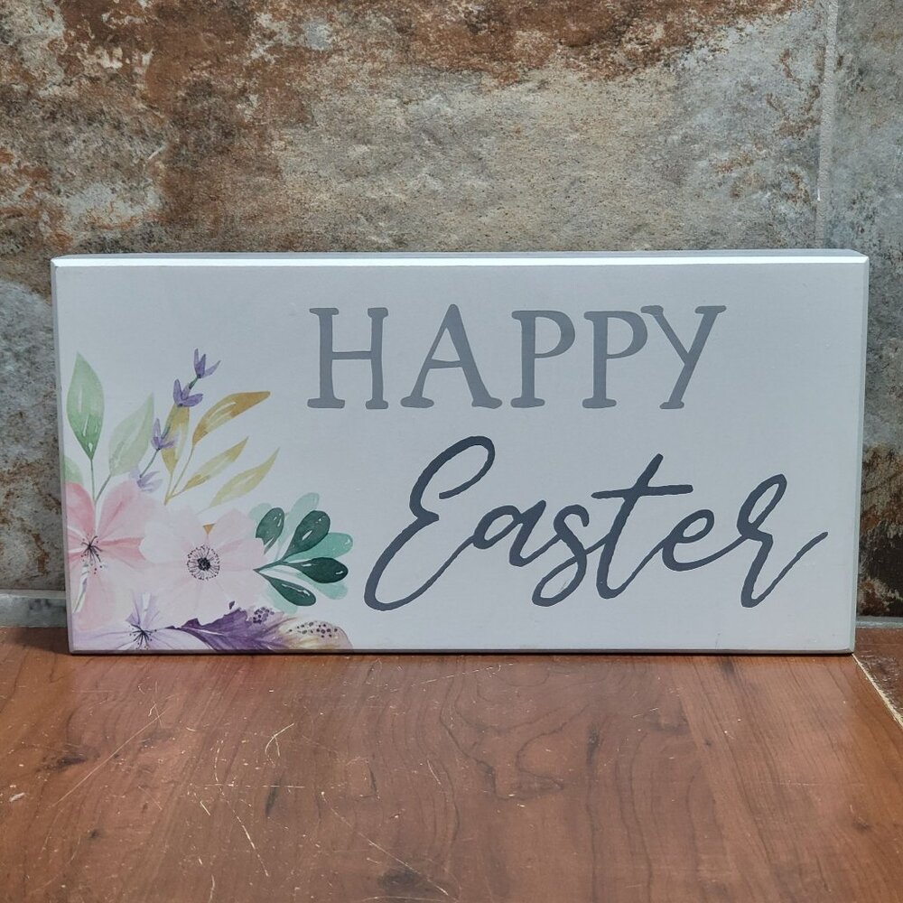 Happy Easter White Block Sign Flower Artwork